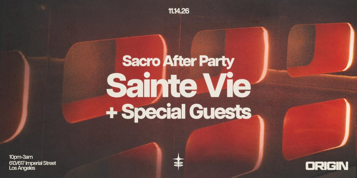 Event flyer with red rounded forms on a dark background, reading Sainte Vie plus special guests at Origin, 11.14.26