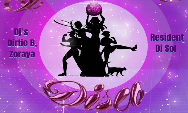 Sapphic Disco flyer with silhouettes of dancers, the DJs Dirtie B and Zoraya and resident DJ Sol