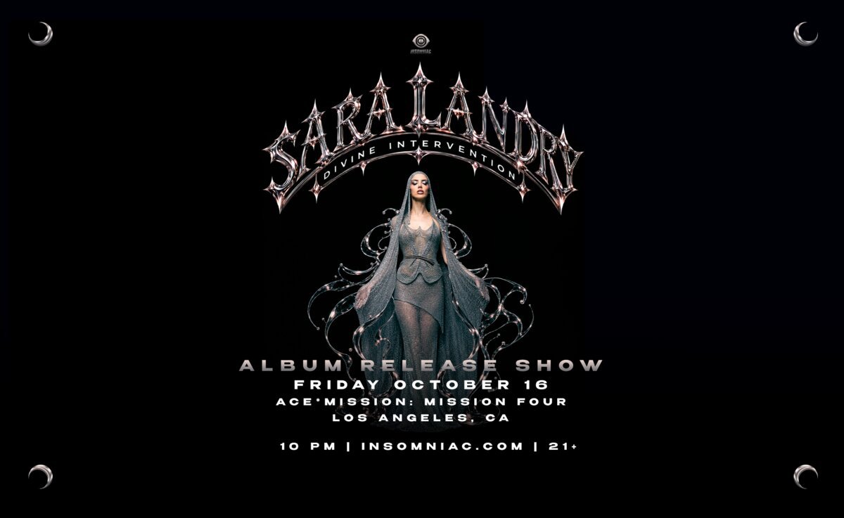 Event flyer showing Sara Landry in a hooded silver gown beneath chrome lettering reading Divine Intervention, album release show