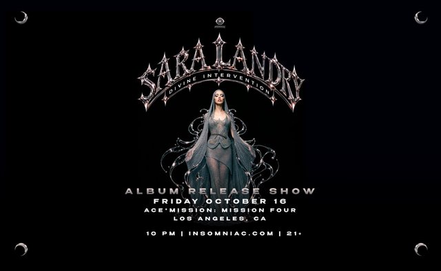 Event flyer showing Sara Landry in a hooded silver gown beneath chrome lettering reading Divine Intervention, album release show