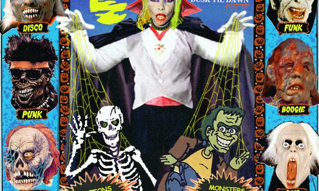 Illustrated Halloween flyer with a vampire figure, a skeleton and Frankenstein puppets, framed by masks labeled disco, punk, funk and boogie