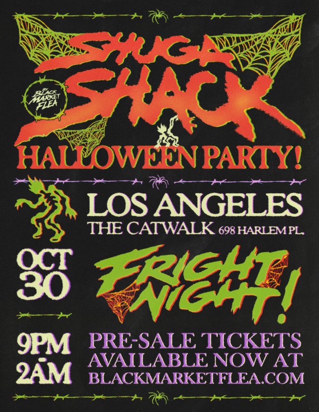 Flyer for Shuga Shack Halloween Party with red and green spiderweb lettering on black, listing The Catwalk, Oct 30, 9PM to 2AM