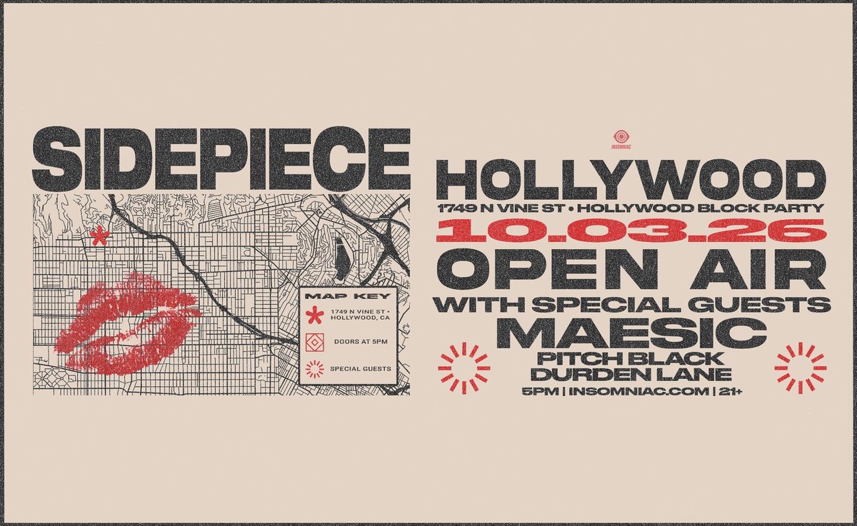 SIDEPIECE Hollywood Block Party flyer with a street map of Hollywood, red lipstick kiss and the October 3 open-air lineup