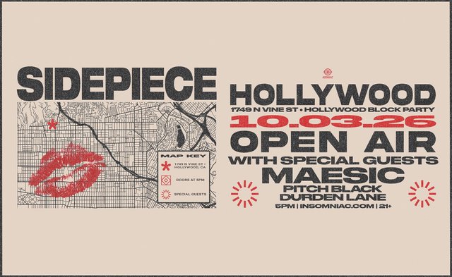 SIDEPIECE Hollywood Block Party flyer with a street map of Hollywood, red lipstick kiss and the October 3 open-air lineup