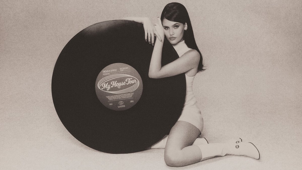 Black-and-white tour art of Sienna Spiro kneeling beside a giant vinyl record whose label reads My House Tour