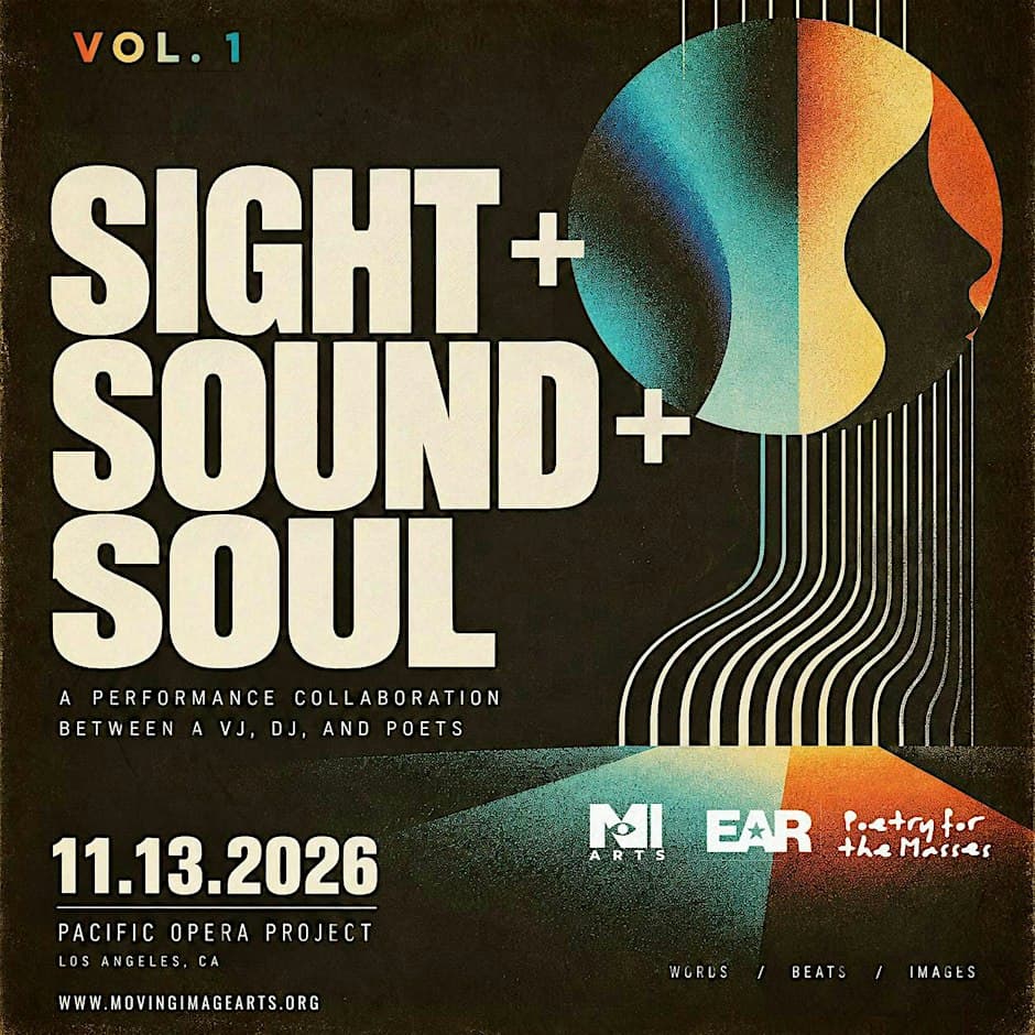 Event poster with the words Sight + Sound + Soul in large cream letters beside a teal and orange profile silhouette made of vertical lines