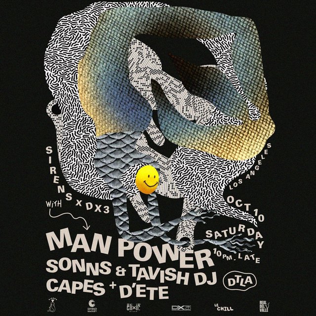 Event poster for Sirens x DX3 with Man Power, a collage of patterned shapes and a yellow smiley on a black background
