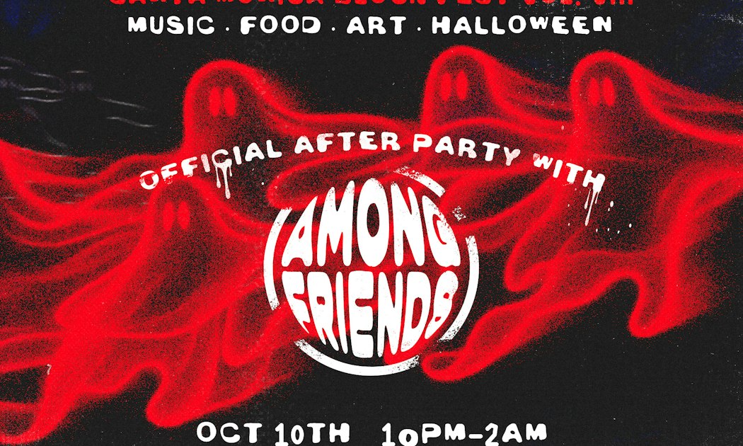 Red ghost illustrations on a black flyer reading Official After Party with Among Friends, Oct 10th, 10pm to 2am