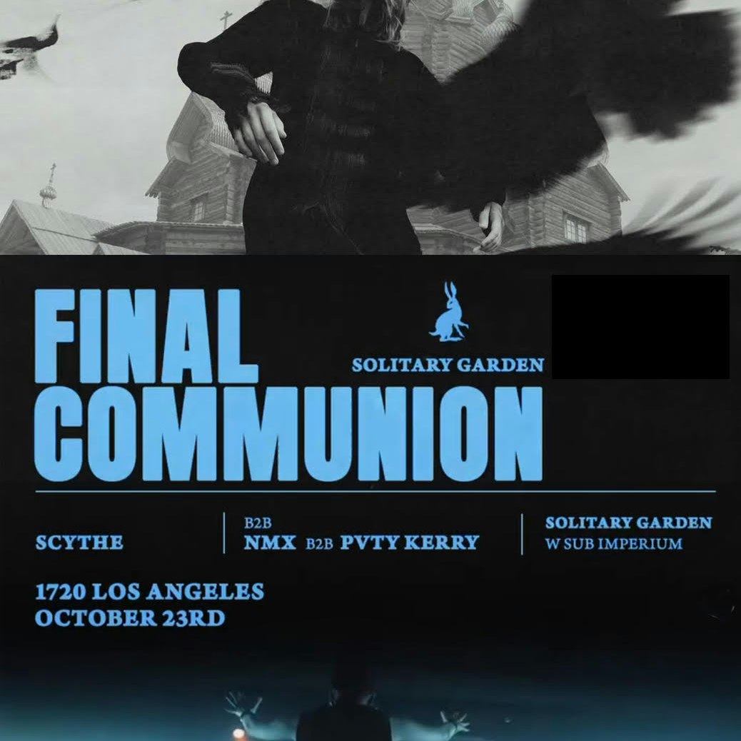 Black and blue event flyer reading Final Communion, Solitary Garden, over a monochrome photo of a figure with dark wings in front of a wooden church