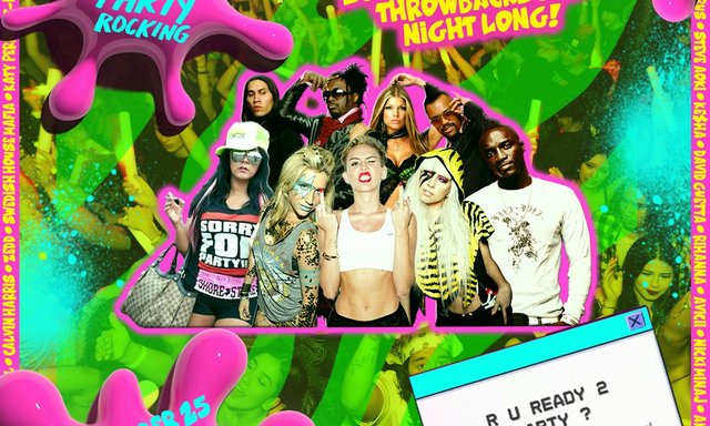 Neon pink and green Sorry For Party Rocking flyer with a collage of early 2010s pop stars over a glowstick-lit crowd