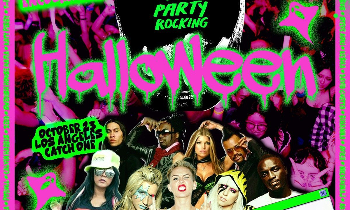 Neon pink and green Halloween flyer with a crowd of partygoers and pop stars from the early 2010s, listing October 23 at Catch One in Los Angeles