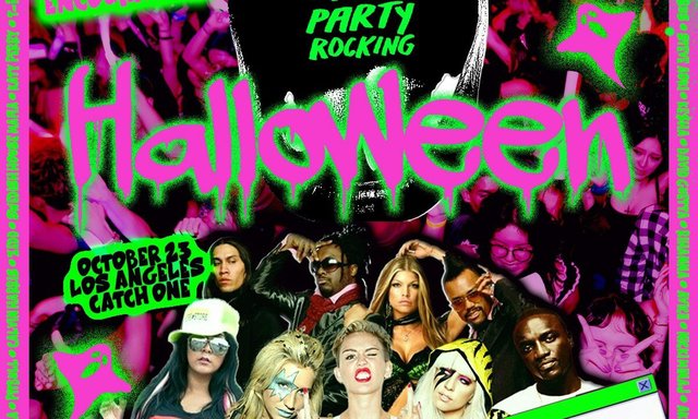 Neon pink and green Halloween flyer with a crowd of partygoers and pop stars from the early 2010s, listing October 23 at Catch One in Los Angeles