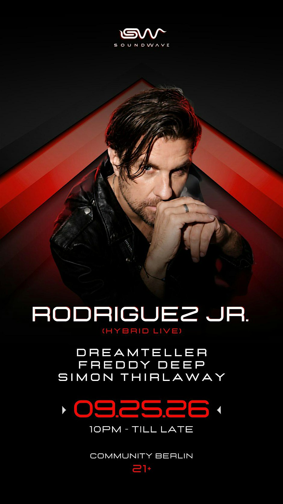 SOUNDWAVE flyer showing Rodriguez Jr. in a leather jacket against red chevrons, with the date 09.25.26