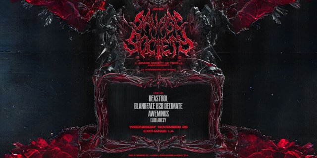 Red and black gothic poster for Savage Society's 12 year anniversary at Exchange LA on Wednesday November 25, with a four-act lineup