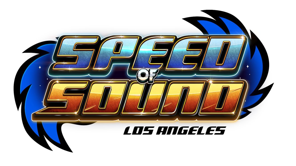 Speed of Sound Los Angeles logo in chrome blue and molten orange lettering over a spiky blue swoosh on a white background