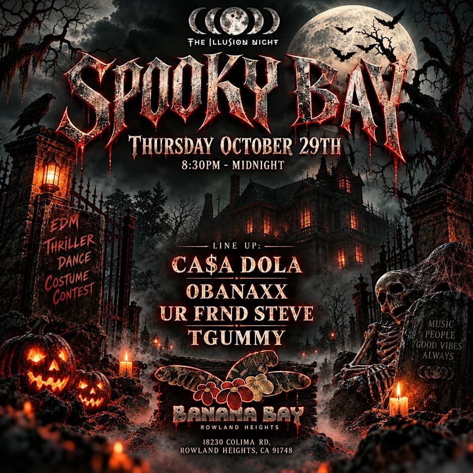 Haunted-house Halloween flyer for Spooky Bay with a full moon, pumpkins and the DJ lineup