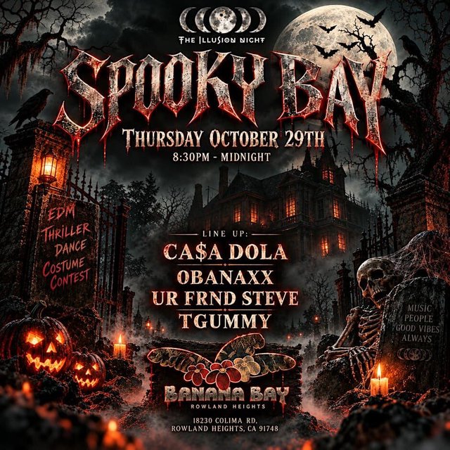 Haunted-house Halloween flyer for Spooky Bay with a full moon, pumpkins and the DJ lineup