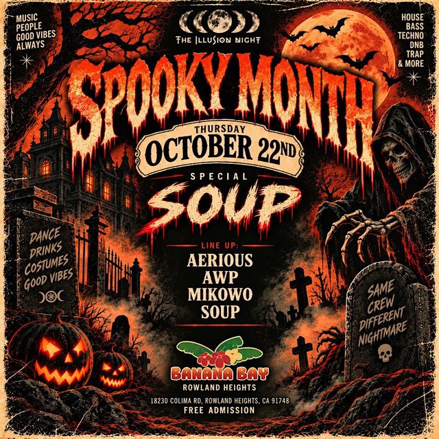 Orange and black Halloween flyer with a skeletal reaper, graveyard and pumpkins, listing the Special Soup lineup at Banana Bay