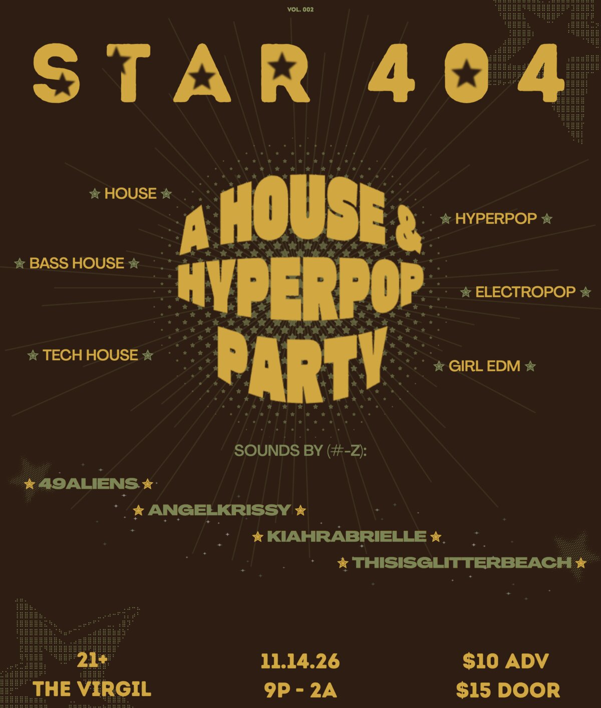 Gold and olive Star 404 event flyer on a dark brown background listing the DJ lineup, The Virgil, Nov 14 and ticket prices