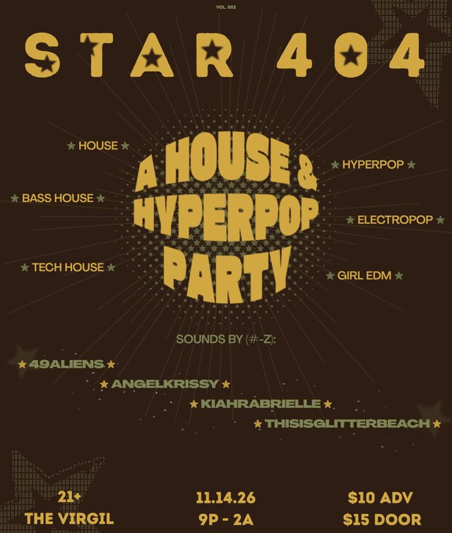 Gold and olive Star 404 event flyer on a dark brown background listing the DJ lineup, The Virgil, Nov 14 and ticket prices