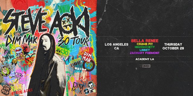 Academy LA flyer for Dim Mak presents Steve Aoki on October 29, listing support from Bella Renee, Crumb Pit, Highsociety, Linney and Zachary Fremont