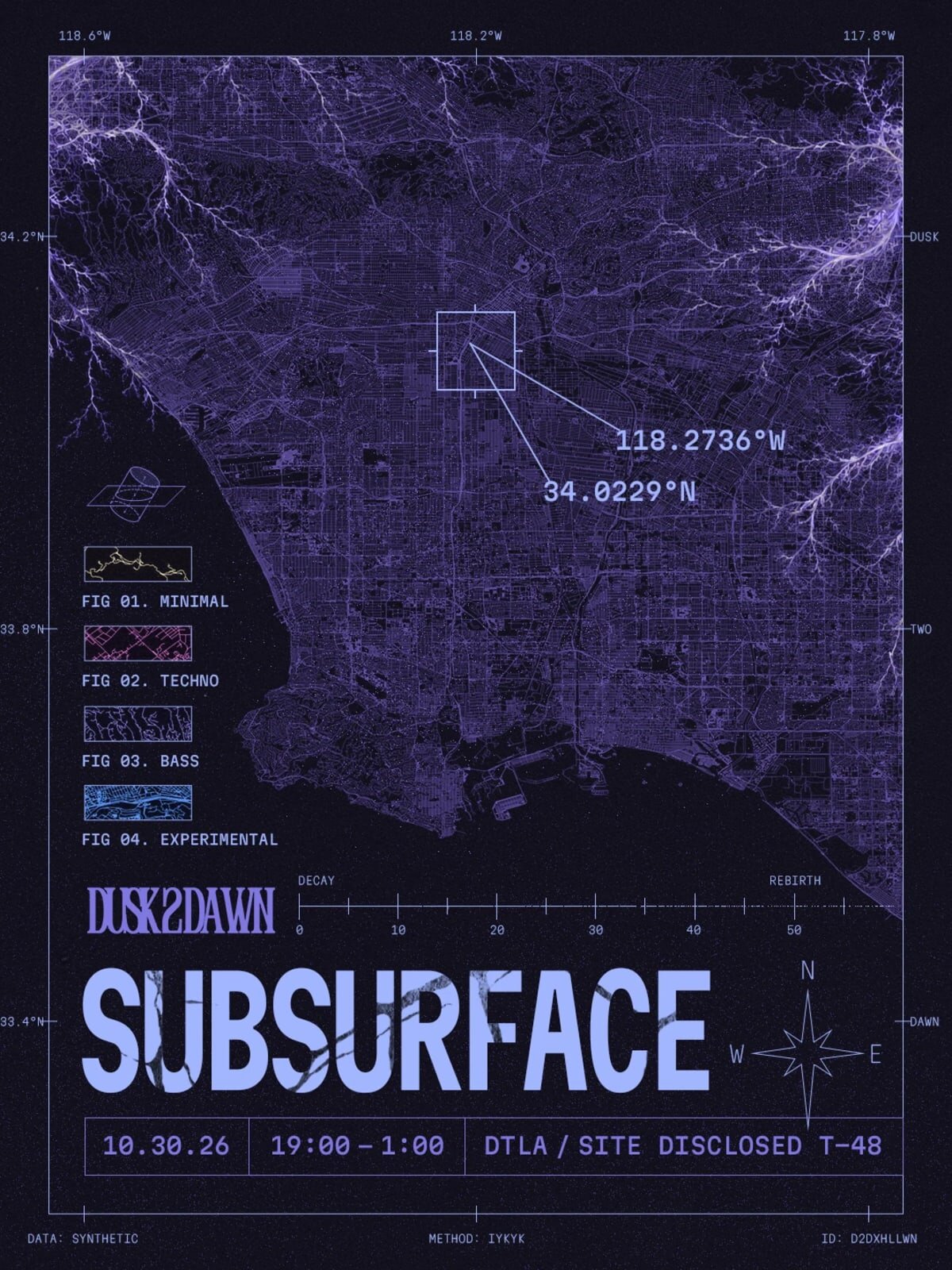 Purple map-style poster of the Los Angeles basin with the Subsurface title and Dusk2Dawn logo