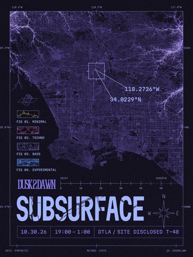 Purple map-style poster of the Los Angeles basin with the Subsurface title and Dusk2Dawn logo