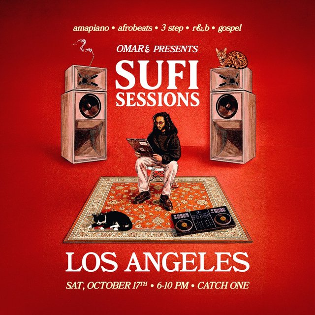 Illustrated red event flyer showing a man seated on a rug reading a record between two large speakers, with two cats and a DJ controller