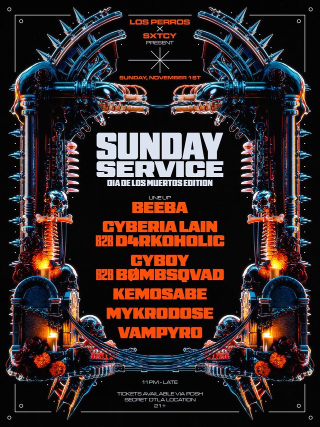 Event flyer for Sunday Service Día de los Muertos Edition, with orange lettering inside a spiked metal frame decorated with skulls, candles and marigolds