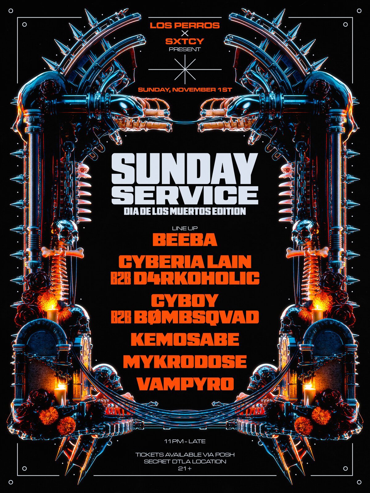 Event flyer for Sunday Service Día de los Muertos Edition, with orange lettering inside a spiked metal frame decorated with skulls, candles and marigolds