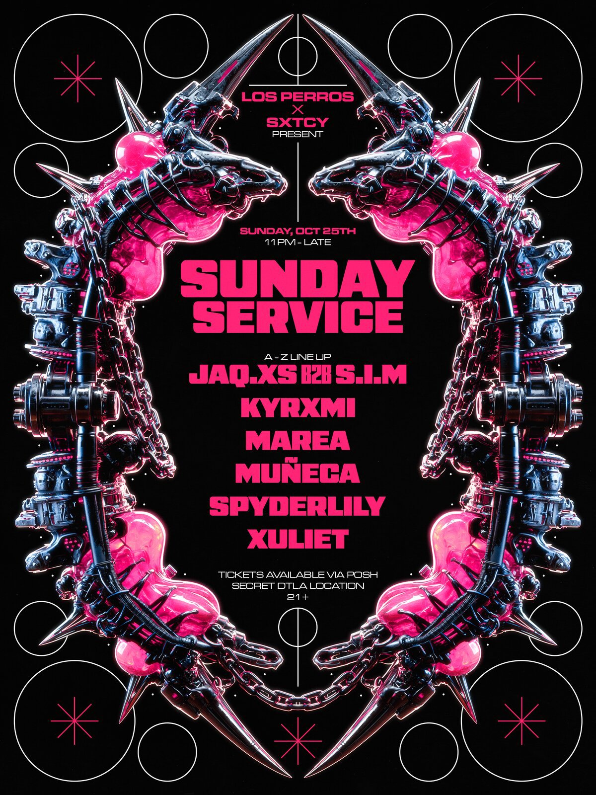 Event flyer for Sunday Service with pink lettering over a black and pink biomechanical spiked frame