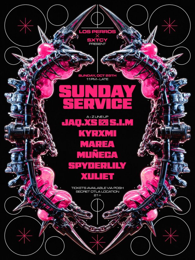 Event flyer for Sunday Service with pink lettering over a black and pink biomechanical spiked frame
