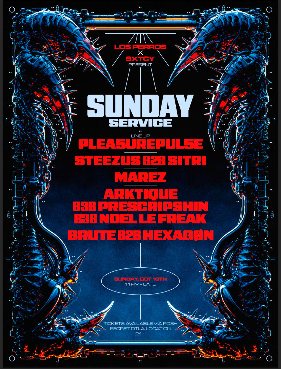 Event flyer for Sunday Service with red lettering over a blue and black biomechanical frame