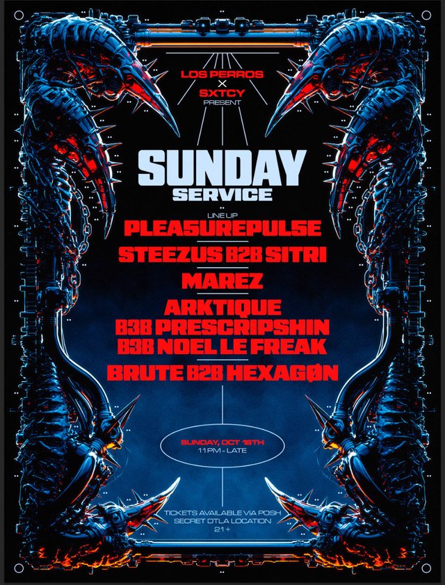 Event flyer for Sunday Service with red lettering over a blue and black biomechanical frame