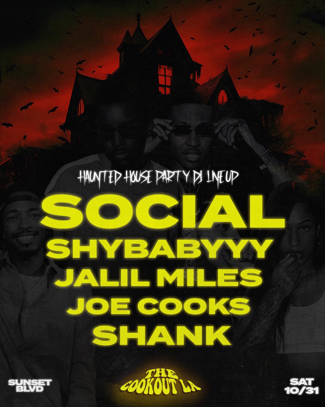 Flyer for The Cookout LA Haunted House Party showing a haunted mansion under a red sky with bats, and the five DJ names in yellow