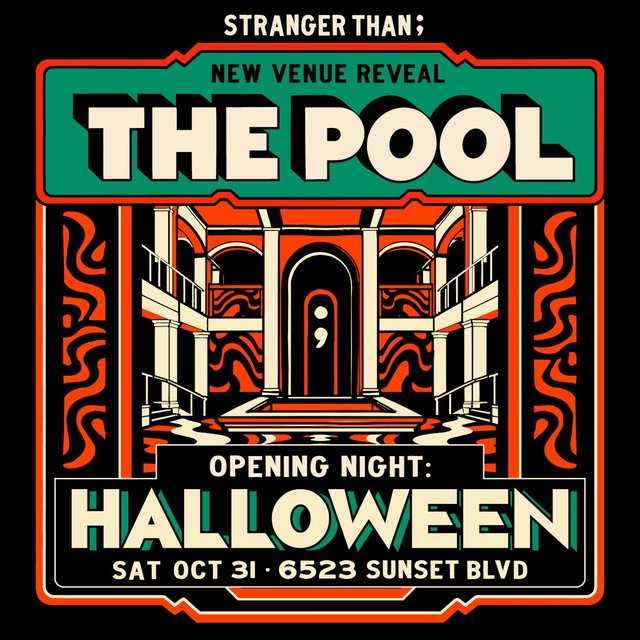 Illustrated event poster for THE POOL opening night showing a columned, two-story hall in orange, green and cream with the words Halloween and Sat Oct 31