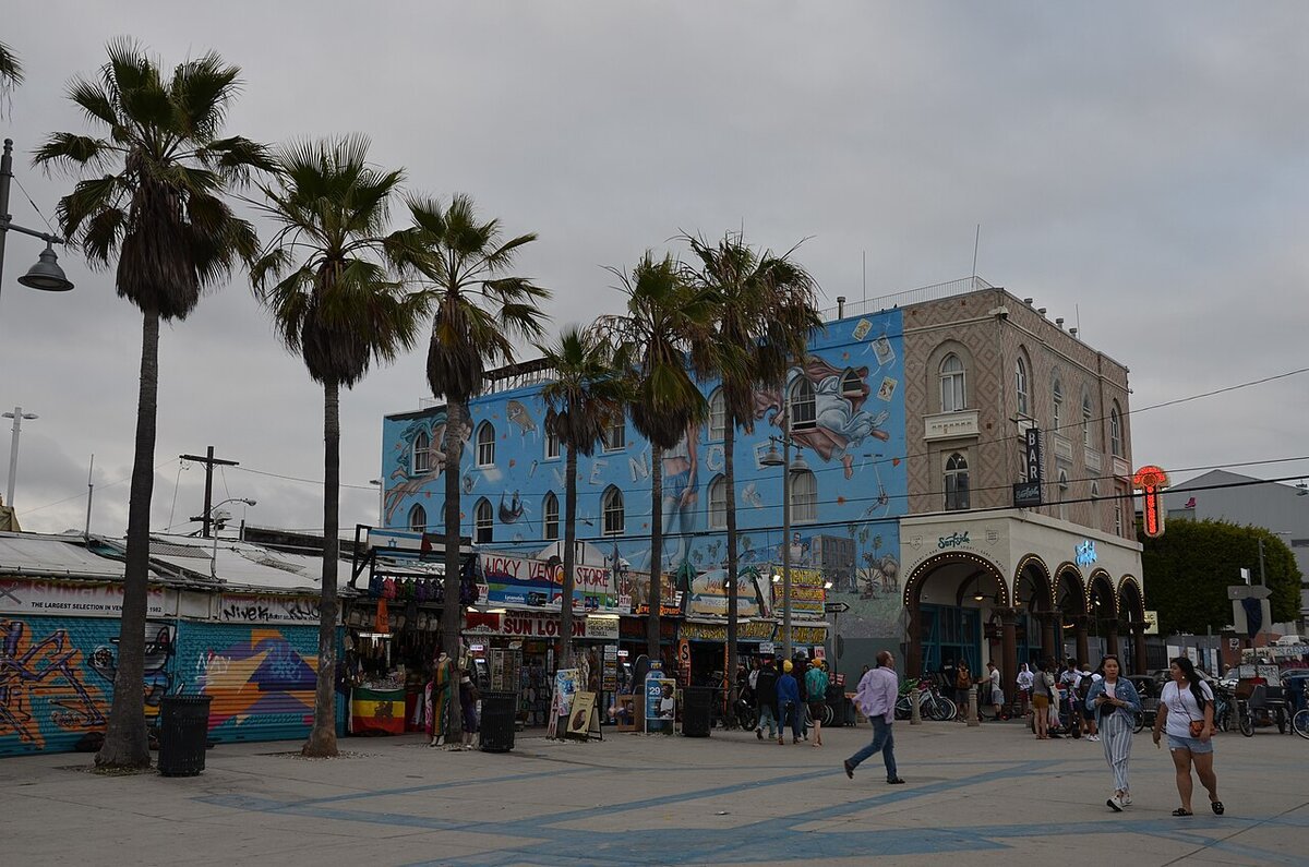 Palm trees and a mural-covered building on the Venice Beach boardwalk under an overcast sky, with pedestrians in the foreground