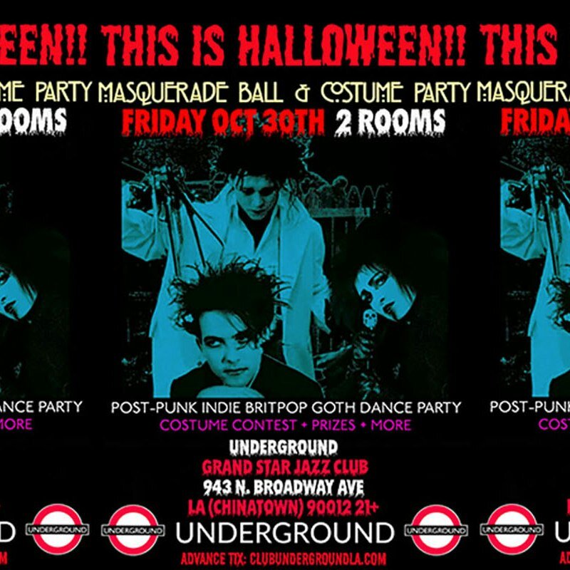 Event flyer for This Is Halloween with a teal band photo, the dates and the Grand Star Jazz Club address on a black background