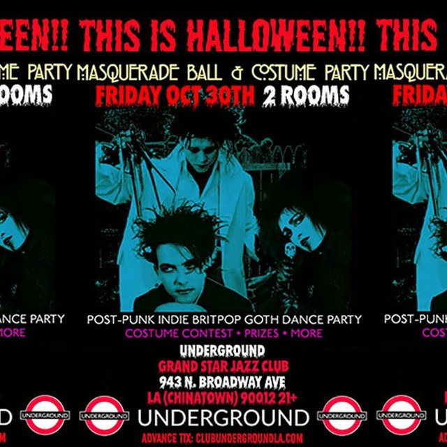 Event flyer for This Is Halloween with a teal band photo, the dates and the Grand Star Jazz Club address on a black background