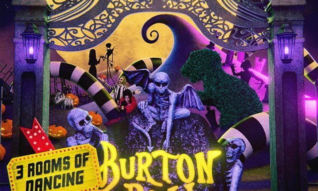 Gothic-style flyer with striped spirals, skeletons, a topiary dinosaur and pumpkins under a yellow moon, with a sign reading 3 Rooms of Dancing