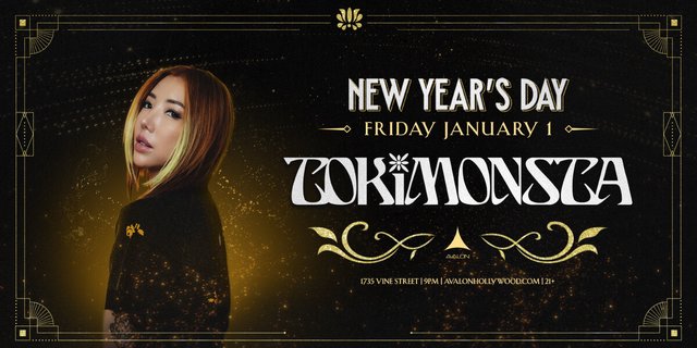 Avalon Hollywood flyer for TOKiMONSTA on New Year's Day, Friday January 1, showing the DJ against a gold-trimmed black background