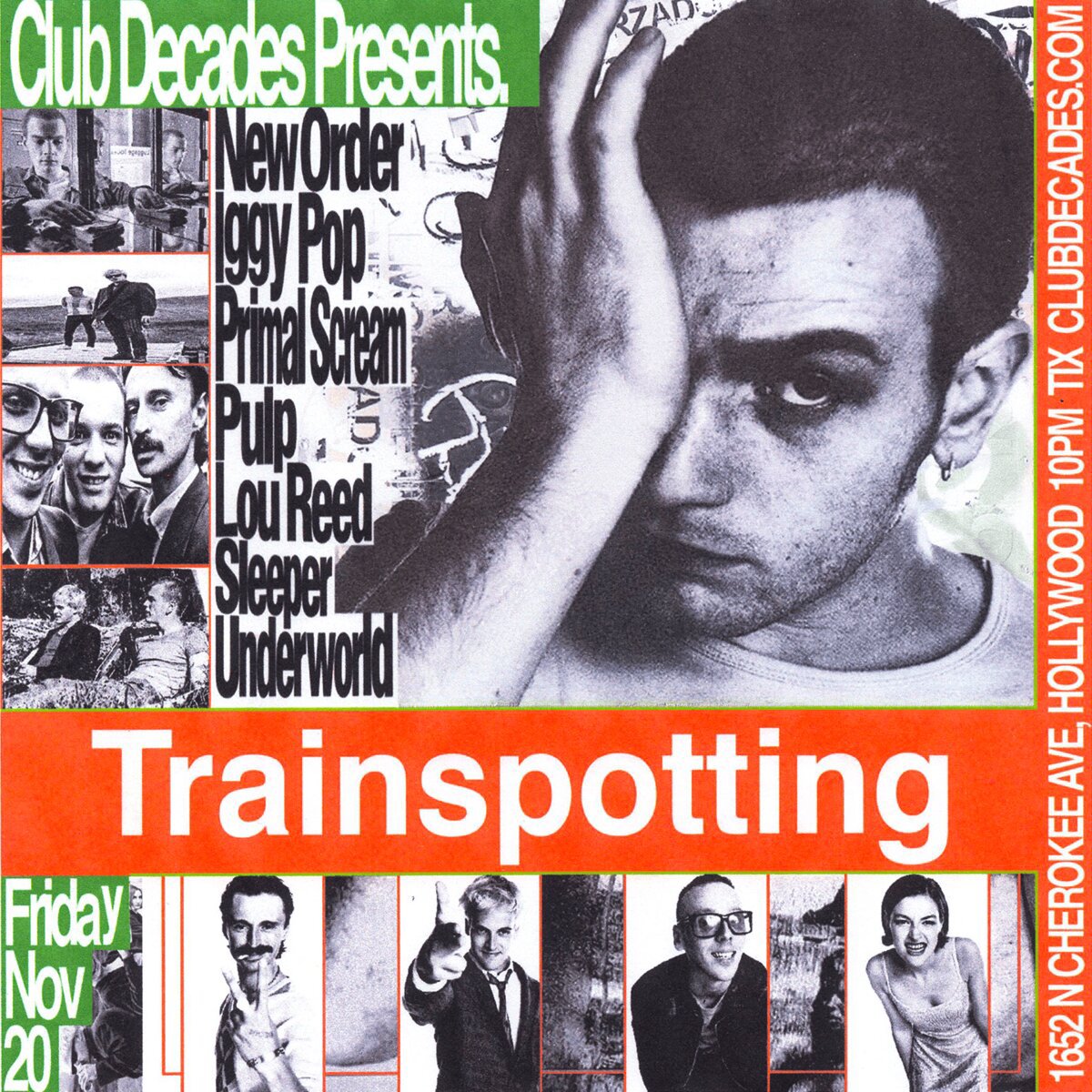 Orange, green and black-and-white flyer for Trainspotting Night with film stills, a list of soundtrack artists and the Boardner's address
