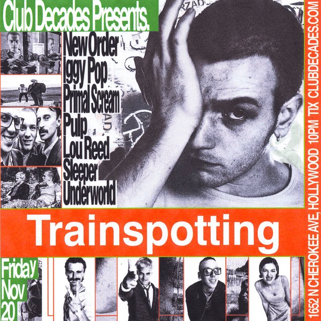 Orange, green and black-and-white flyer for Trainspotting Night with film stills, a list of soundtrack artists and the Boardner's address