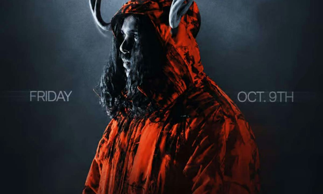 Hooded figure with antlers in profile, lit in red against a dark background, on a flyer reading Friday Oct. 9th