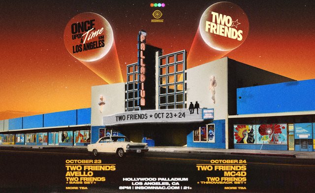 Illustrated flyer of the Hollywood Palladium at dusk with a Two Friends marquee, an old white sedan out front and spotlights under an orange sky