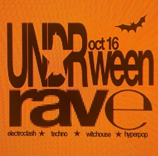 Orange flyer with oversized brown lettering reading Undrween Rave, Oct 16, and a bat silhouette