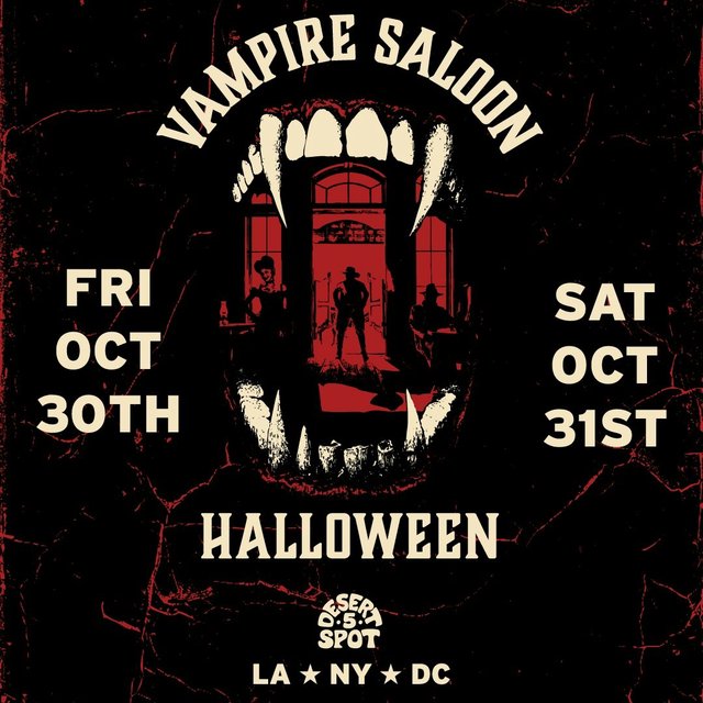 Black and red flyer for Vampire Saloon Halloween showing a saloon doorway framed by a vampire's fangs, with the dates Friday October 30 and Saturday October 31