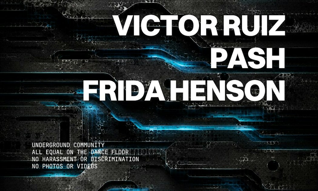 WORK presents flyer naming Victor Ruiz, PASH and Frida Henson over a dark industrial techno graphic