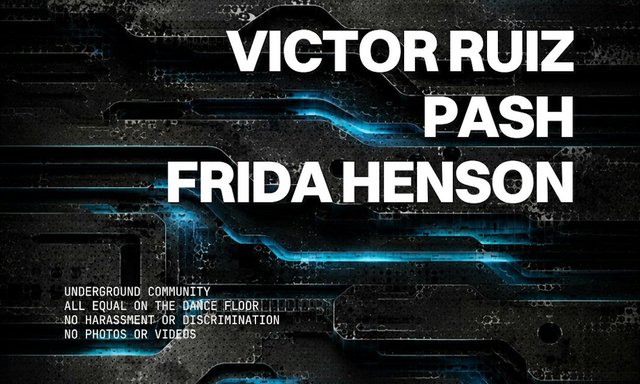 WORK presents flyer naming Victor Ruiz, PASH and Frida Henson over a dark industrial techno graphic