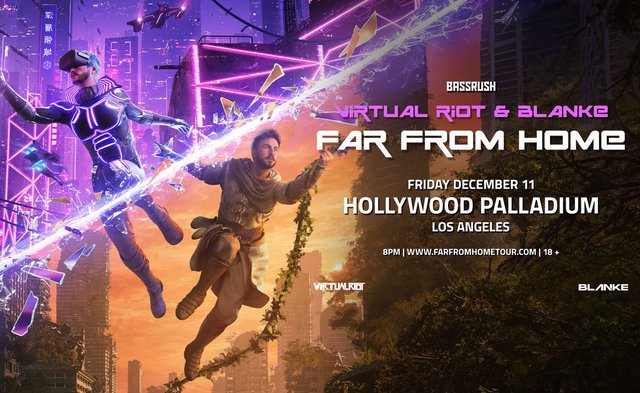 Bassrush Virtual Riot & Blanke Far From Home poster: two figures leaping across a neon-lit sci-fi city, Friday December 11, Hollywood Palladium, Los Angeles, 8pm, 18+